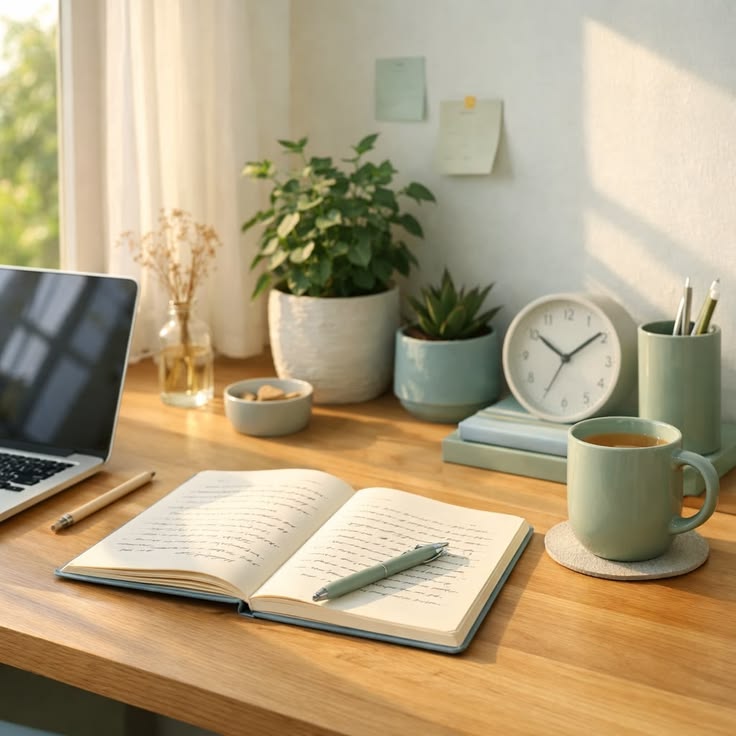 Minimal workspace with a cup of tea and an open notebook for a short pause